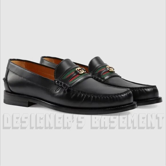 Gucci 13 black KAVEH polished Leather DOUBLE G WEB detail Loafer Shoes NIB - Picture 1 of 13